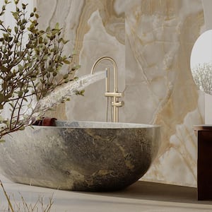 2-Handle Floor Mount Freestanding Tub Faucet with Hand Shower in Brushed Gold