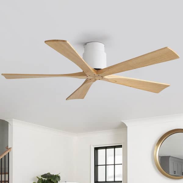 52 in. Indoor/Outdoor Standard Flush and Downrod Mount Solid Wood White Ceiling Fan without Light, Remote Control