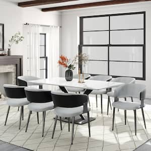 Set of 6 Modern Dining Chairs Teddy Fleece and PU Leather Upholstered Seat Curved Open Back in White