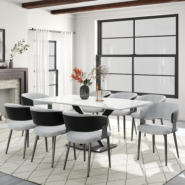 Magic Home Set of 6 Modern Dining Chairs Teddy Fleece and PU Leather Upholstered Seat Curved Open Back in White