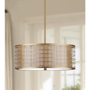 Giotta Drum 3-Light Antique Gold Drum Hanging Pendant Lighting with Geometric Cream Shade