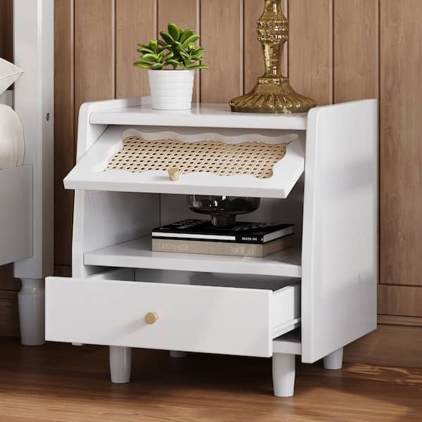 White Exquisite Elegance 1-Drawer Wood Nightstand with Rattan-Woven Flip-Top Storage Cabinet