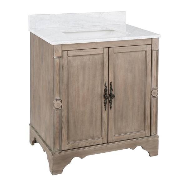 Home Decorators Collection Astoria Park 31 in. W x 22 in. D Vanity in Antique Ash with Marble Vanity Top in Carrara with White Sink