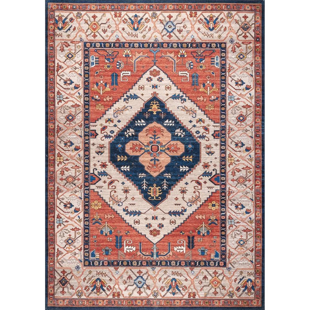 6' Round Red and Blue Oriental Synthetic Area Rug