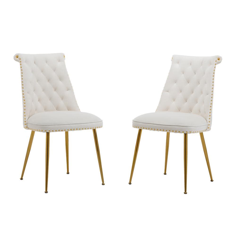 Beige Velvet Upholstered Side Chair with Gold Metal Legs