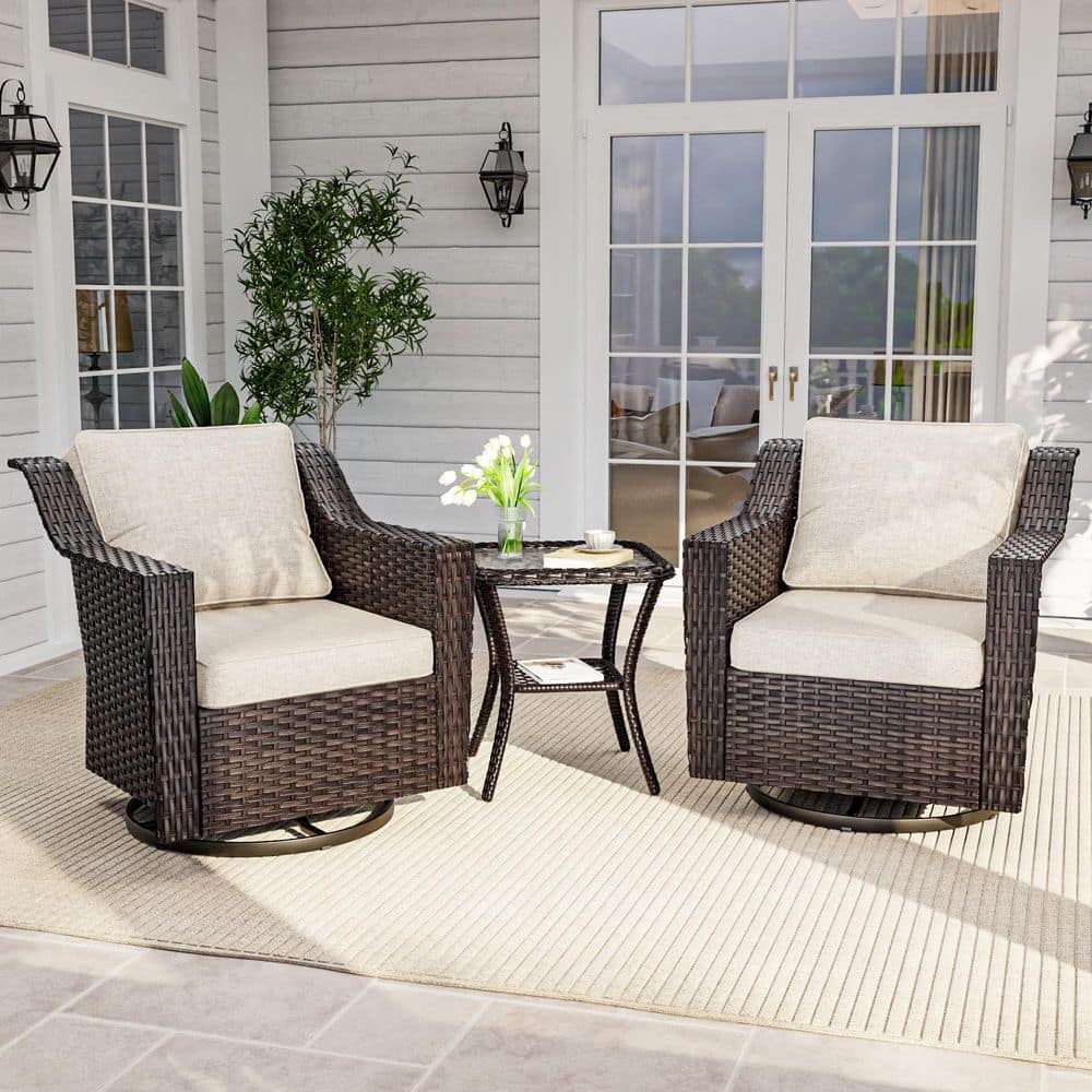 3-Piece Brown Wicker Outdoor Rocking Chair Patio Swivel Chair with Side Table and Beige Cushions price history on PriceWatchPro