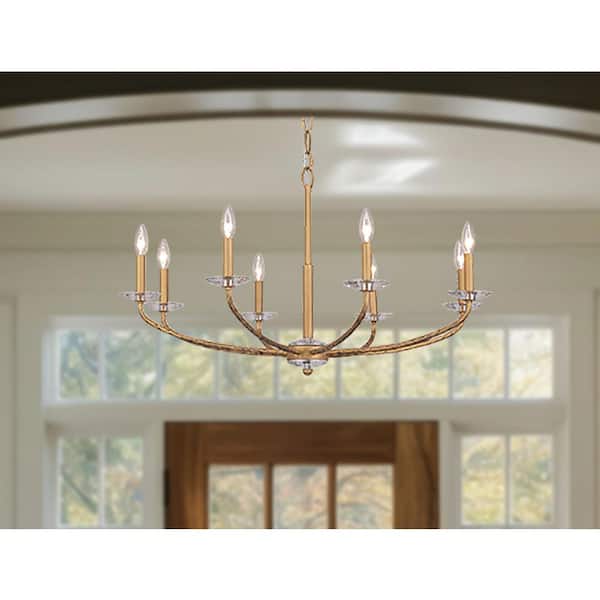 Atella 8-Light Ashen Gold with Faceted Crystal Accents Candle Chandelier for Dining Room and No Bulbs Included