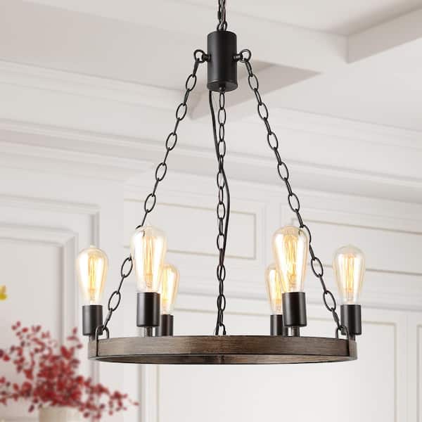 LNC 6-Light Brown Modern Farmhouse Wagon Wheel Island Chandelier with Faux Wood Accents