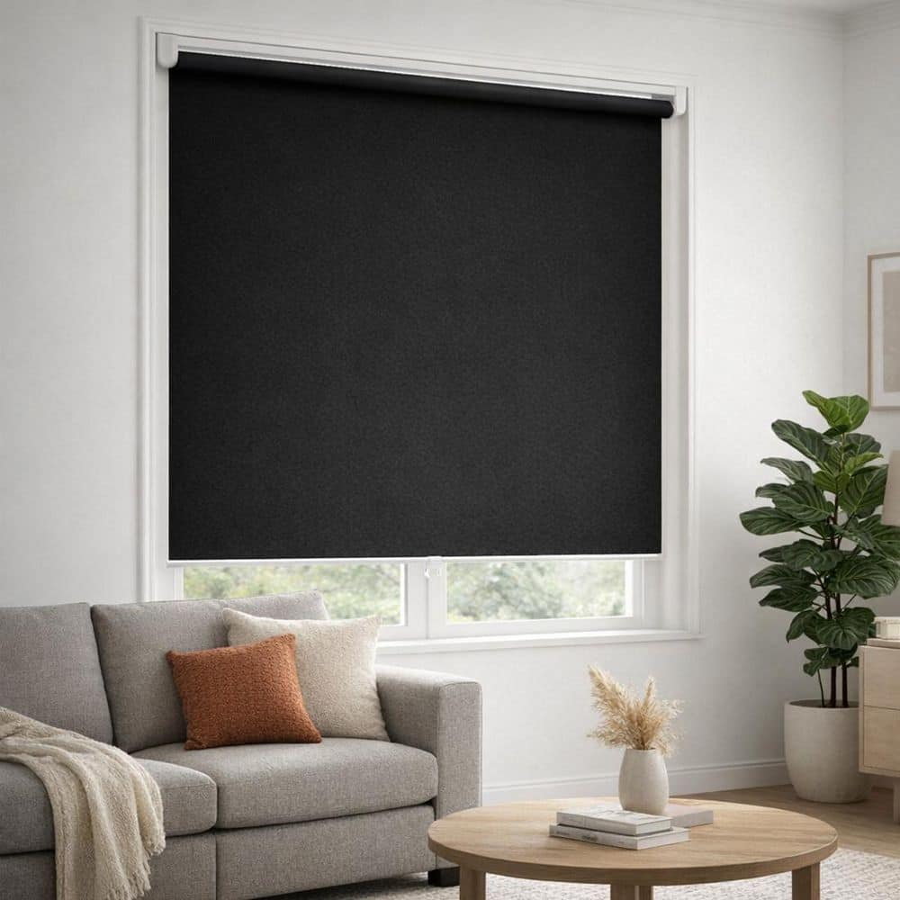 Black Cordless Blackout Polyester Fabric Roller Shades with Spring