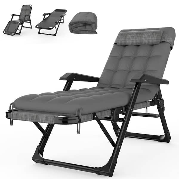 SEEUTEK Koepp 29 in. W Metal Outdoor Patio Chaise Lounge Reclining Folding Cot with Removable Gray Cushion and Padded Headrest