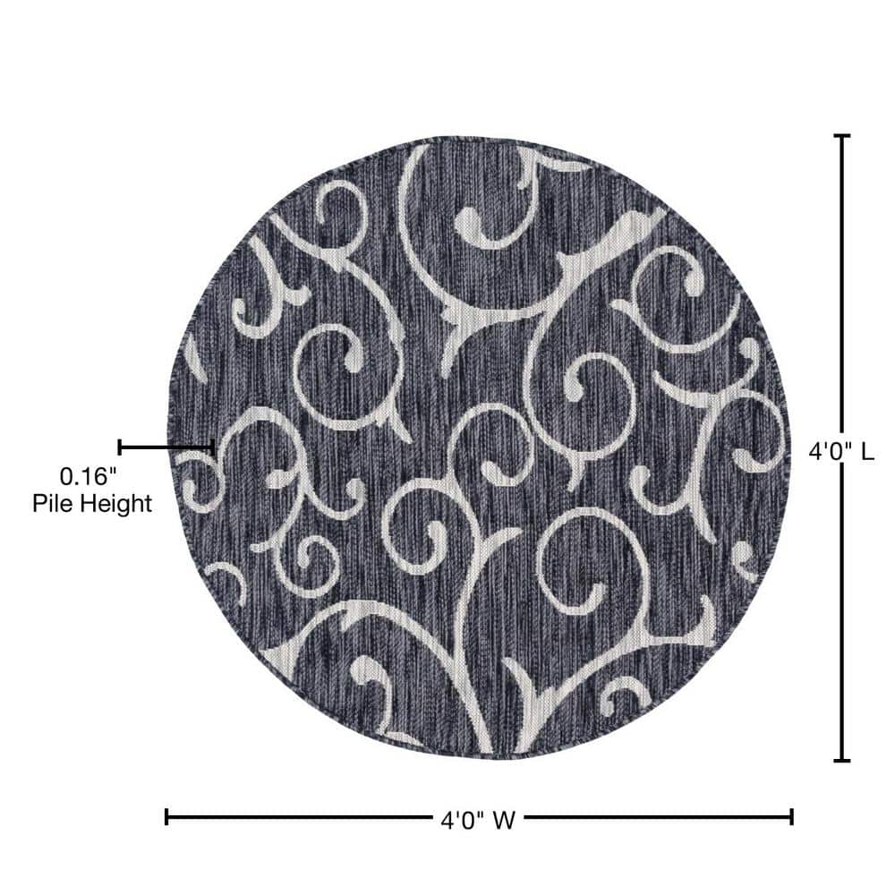Charcoal Gray Round Stain-Resistant Outdoor Rug