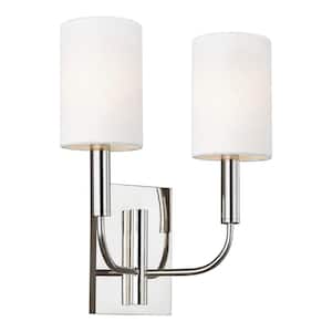 Brianna 11.375 in. W 2-Light Polished Nickel Wall Sconce with White Shades