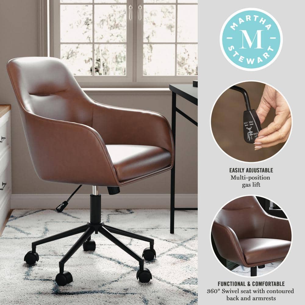 Saddle Brown Faux Leather Swivel Office Chair with Oil Rubbed Bronze Frame