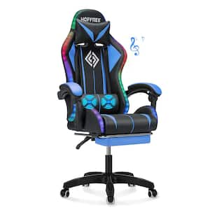 Blue-Black PVC Leather Massage LED Reclining Gaming Chair with Bluetooth Speaker with Footrest Headrest Lumbar Support