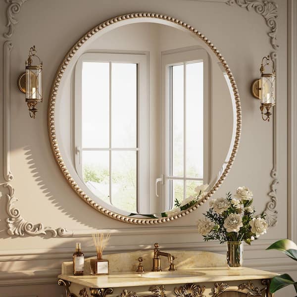 Antique Silver 32 in. W x 32 in. H Round With Decoration Vanity Wall Mirror Polyurethane Framed Mirror