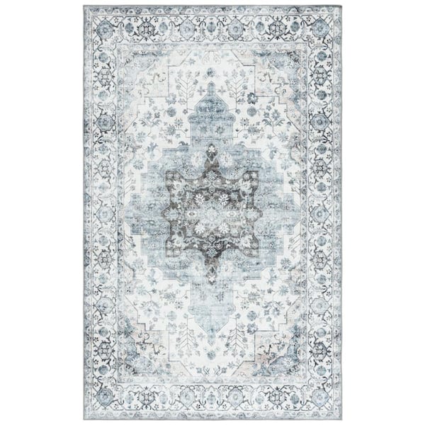 SAFAVIEH Arizona Ivory/Blue 6 ft. x 9 ft. Border Ornate Machine Washable Area Rug