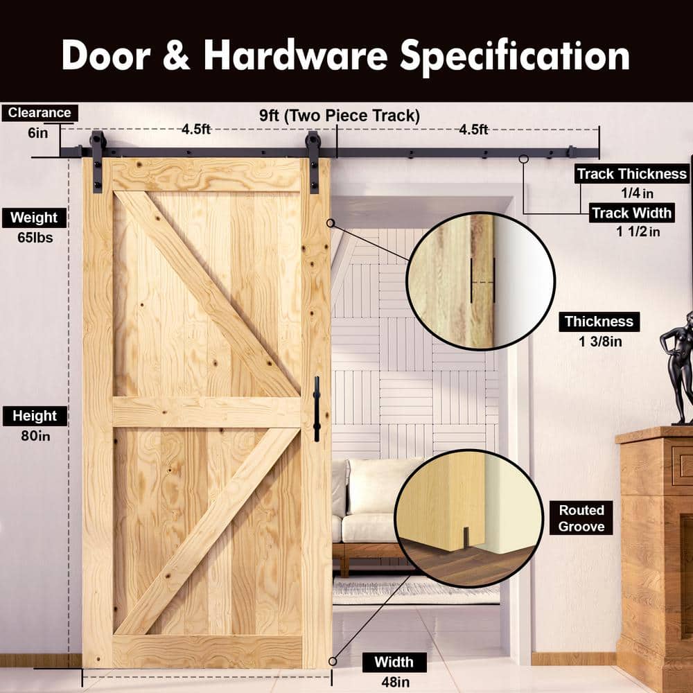Homacer 84in/80in High Paneled Wood Unfinished Barn Door With Installation Hardware Kit, Door Handle And Soft Close