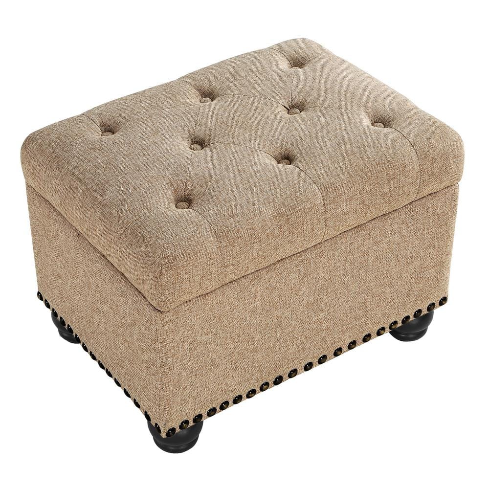 Tan Tufted Storage Ottoman with Nailhead Trim