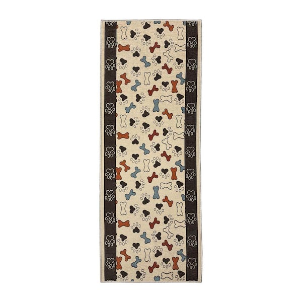 Pet Collection Bones & Paws Cut to Size Beige 26 " Width x Your Choice Length Custom Size Slip Resistant Runner Rug