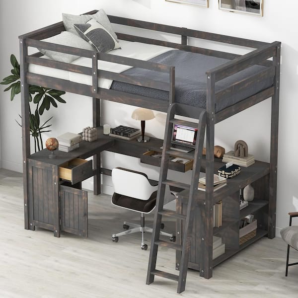 Harper & Bright Designs Antique Brown Full Size Wood Loft Bed with U-Shaped Desk, Cabinet, Shelves and 2-Drawers