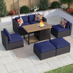 Dark Brown Rattan Wicker 6 Seat 7-Piece Steel Outdoor Fire Pit Patio Set with Blue Cushions, Rectangular Fire Pit Table