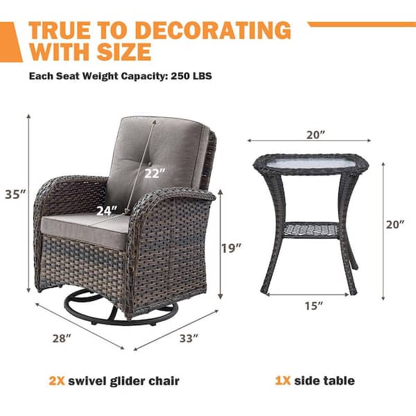 Rotavia 3-Piece Brown Wicker Patio Conversation Set with Olefin Gray Cushions Outdoor Swivel Glider with Side Table