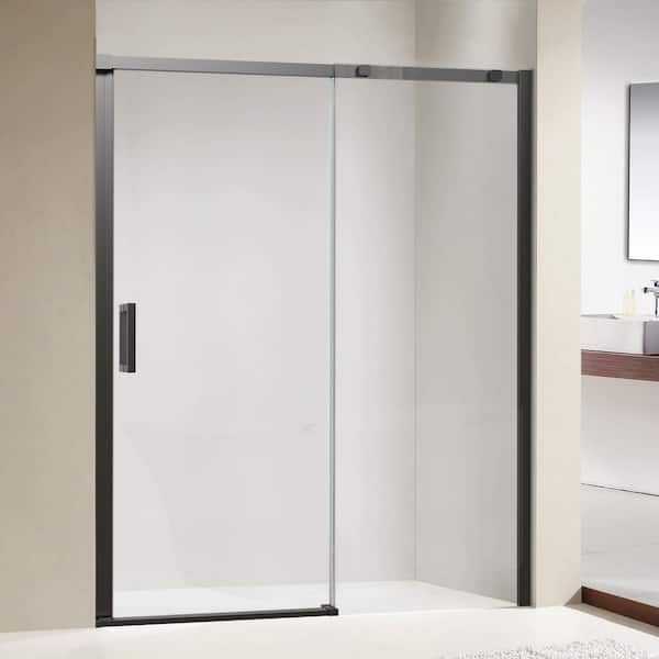 60 in.W x 74 in.H Freestanding Single Sliding Frameless Shower Enclosure in Matte Black Finish with Tempered Clear Glass