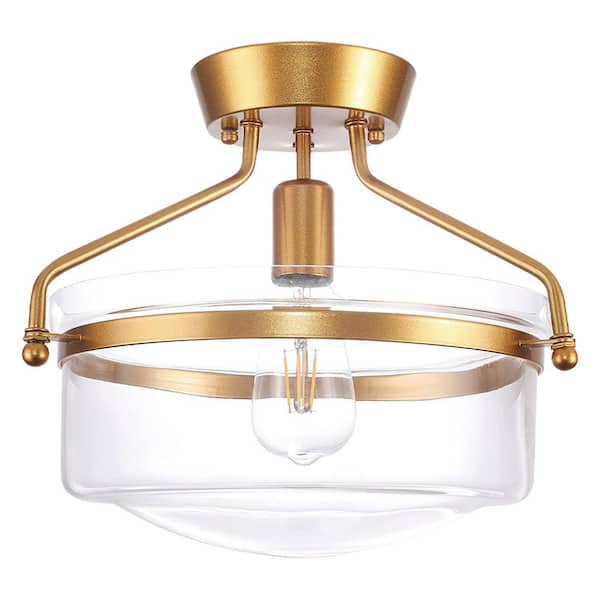 13.3 in. 1-Light Gold Industrial Dome Semi Flush Mount Ceiling Light with Clear Glass Shape for Kitchen Island