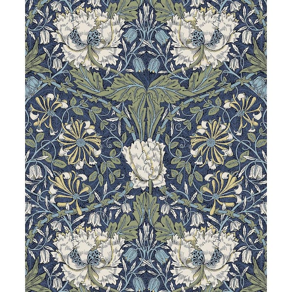 Seabrook Designs Indigo Dye and Thyme Ogee Flora Unpasted Nonwoven Paper Wallpaper Roll 57.5 sq. ft.
