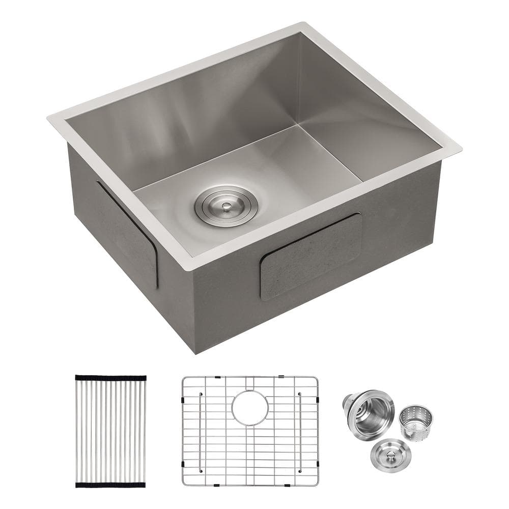 23 in Undermount Single Bowl 18 Gauge Stainless Steel Kitchen Sink with 9 in Deep Kitchen Sink Basin and Bottom Grid, Silver