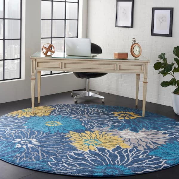 Passion Blue 8 ft. x 8 ft. Floral Contemporary Round Rug