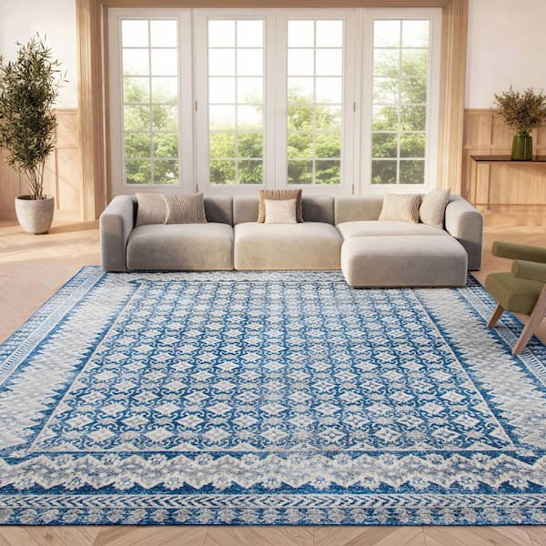 Brentwood 2 ft. x 4 ft. Navy/Beige Multi-Border Geometric Area Rug