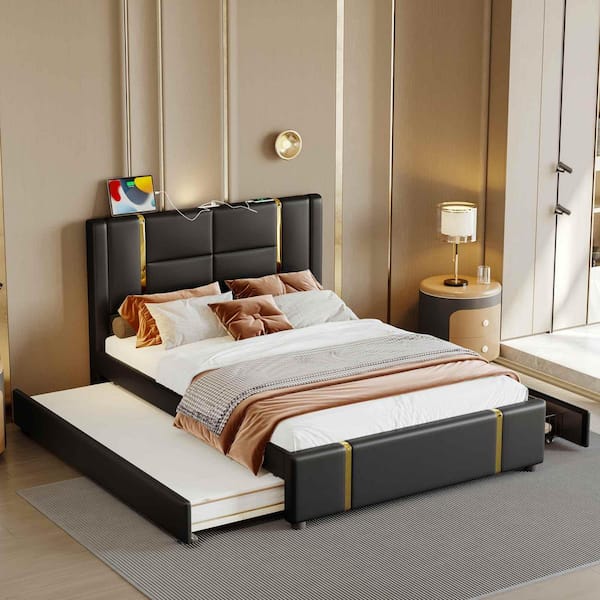 Black Wood Frame Queen Size Platform Bed with Trundle Bed and 2 Drawers, Gold Decoration