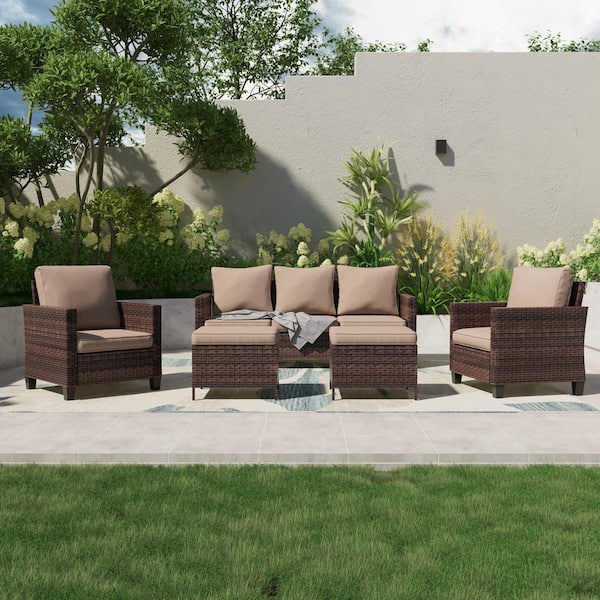 JOYESERY 5-Piece Outdoor Patio Conversation Set Widened Back and Arm Brown Rattan 3-Seat Sofa 2-Ottomans, Sand