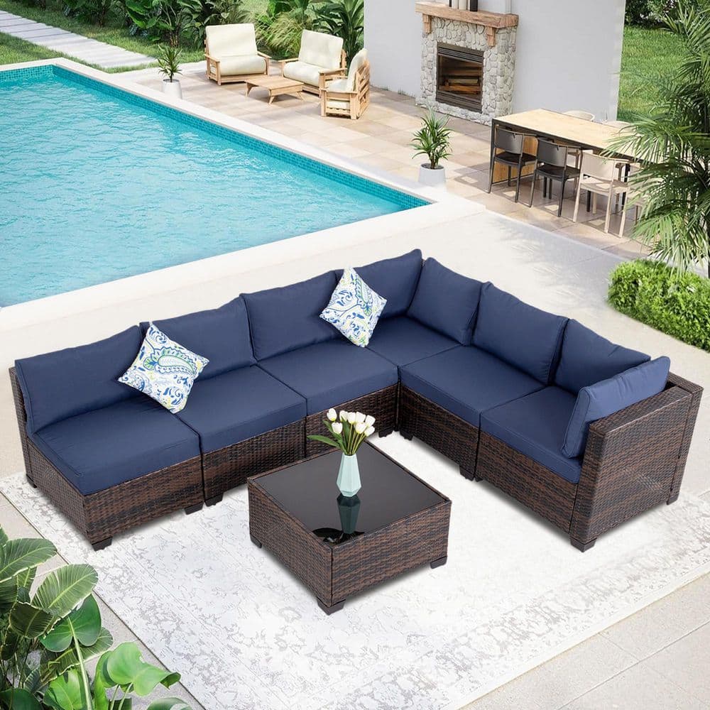 7-Piece Brown Wicker Outdoor Sectional Set with Blue Cushions and
