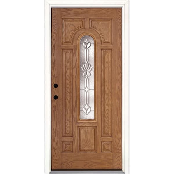 Feather River Doors 37.5 in. x 81.625 in. Medina Zinc Center Arch Lite Stained Light Oak Right-Hand Inswing Fiberglass Prehung Front Door