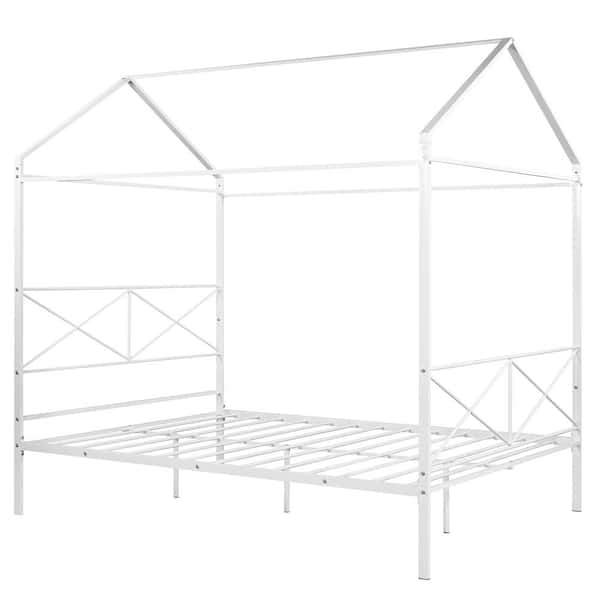 MOJAY White Metal Frame Queen Size House Shape Platform Bed
