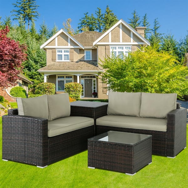 Cesicia Brown 4-Piece Wicker Outdoor Sectional Set with Khaki Cushions