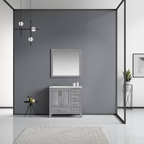 Jacques 36 in. W x 22 in. D Left Offset Distressed Grey Bath Vanity, Carrara Marble Top, and 34 in. Mirror