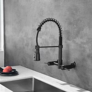 Double Handle Wall Mount Pull Down Sprayer Kitchen Faucet in Matte Black