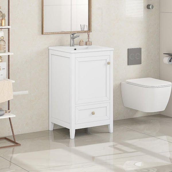 20 in. W x 18 in. D x 34 in. H White Bath Vanity with White Ceramic Sink Top Soft Closing Door,Storage Rack and 1-Drawer