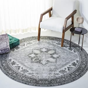 Tuscon Gray/Ivory 6 ft. x 6 ft. Machine Washable Border Distressed Round Area Rug