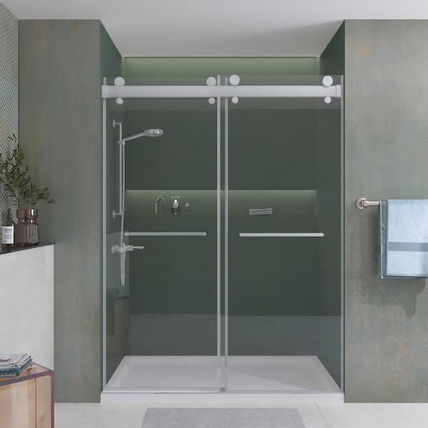 Hpeytaire 73 in. W x 79 in. H Double Sliding Door Soft-Closing System Frameless Corner Shower Enclosure in Brushed Silver 5/16 in.