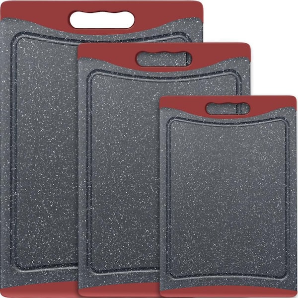 3-Set Extra Large Plastic Cutting Boards for Kitchen with Juice Grooves Easy-Grip Handles, Dishwasher, Red