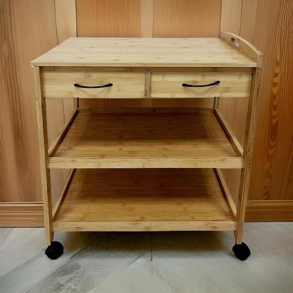 Benjara Walter Brown Bamboo Kitchen Bar Cart with 2-Drawers and 2-Shelves