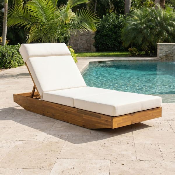 Patio Wood Outdoor Chaise Lounge with Cream Cushions and Integrated Headrest