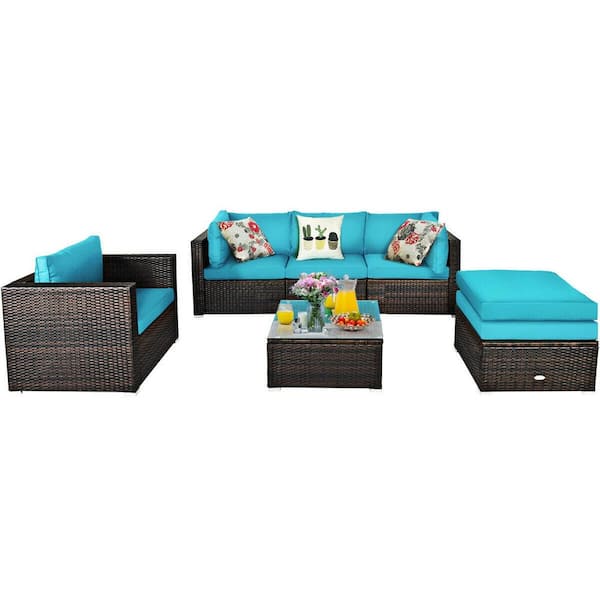 FORCLOVER 6-Pieces Rattan Patio Conversation Set with Sectional Turquoise Cushions