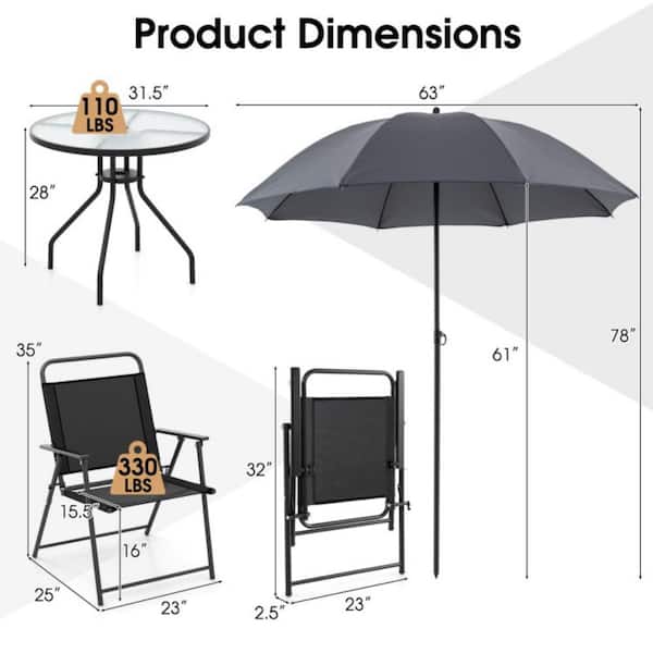 6-Piece Metal Outdoor Dining Set Coffee Folding Chairs Glass Table Tilt Umbrella for Garden