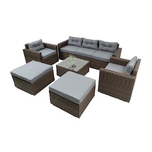6-Piece Wicker Patio Conversation Set with Gray Cushions and Coffee Table for Garden, Backyard, Poolside