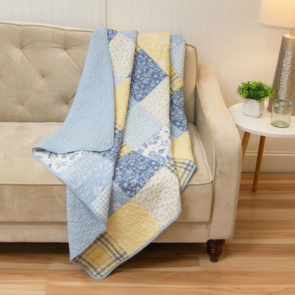 Spring Flowers Blue and Yellow Cotton Throw Blanket
